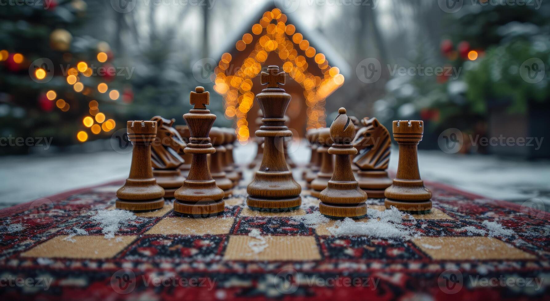 AI generated Chess board on carpet containing chess pieces. A chess set is placed on a rug in front of a beautifully decorated Christmas tree, creating a festive and strategic setting. photo