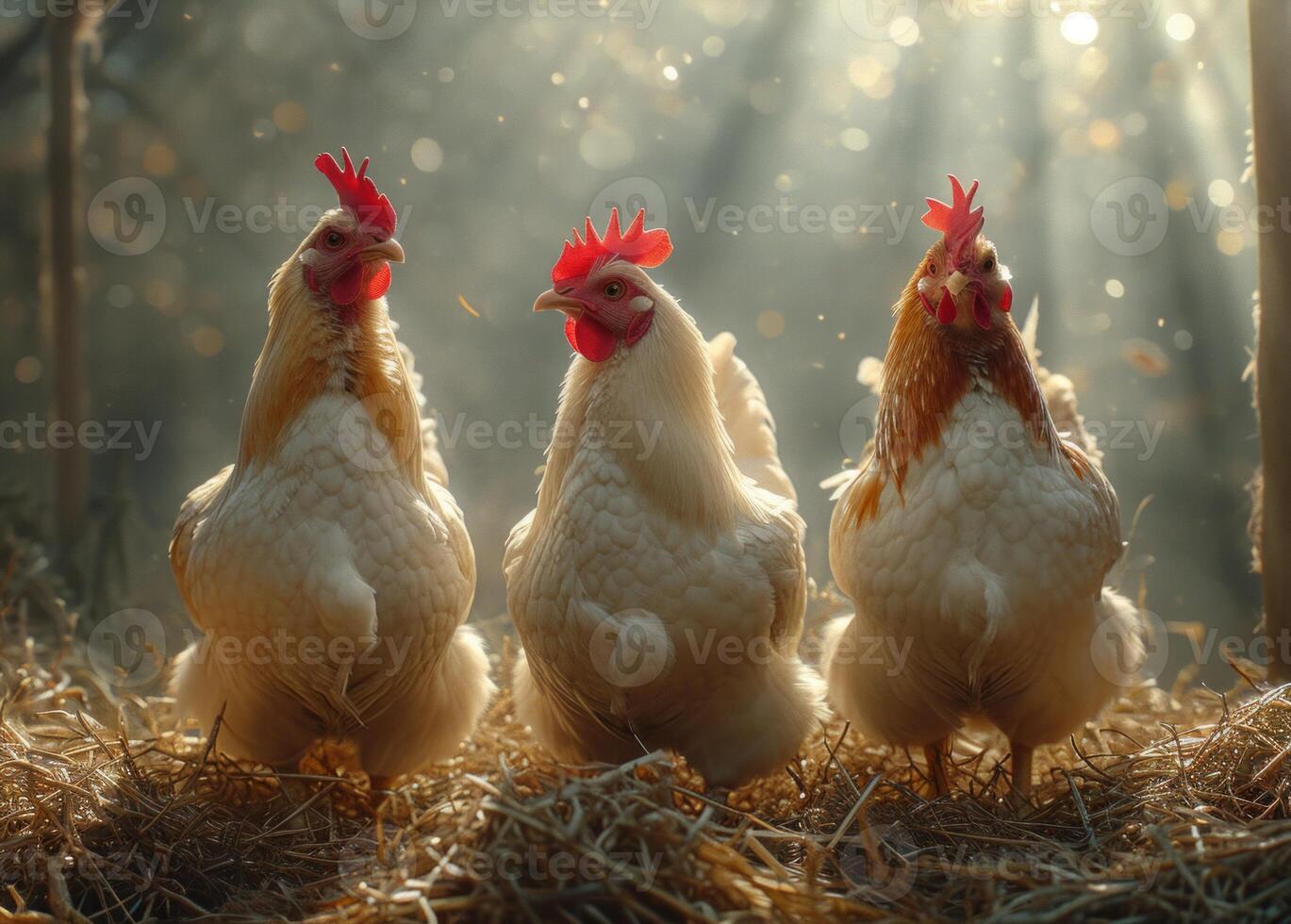 AI generated White chickens are sitting on the straw. A group of chickens gathered in the midst of a lush forest, surrounded by trees and foliage. photo