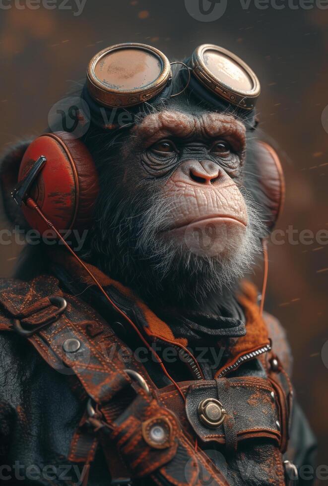 AI Generated Portrait of chimpanzee dressed in vintage aviator jacket and headphones looks into the distance. photo