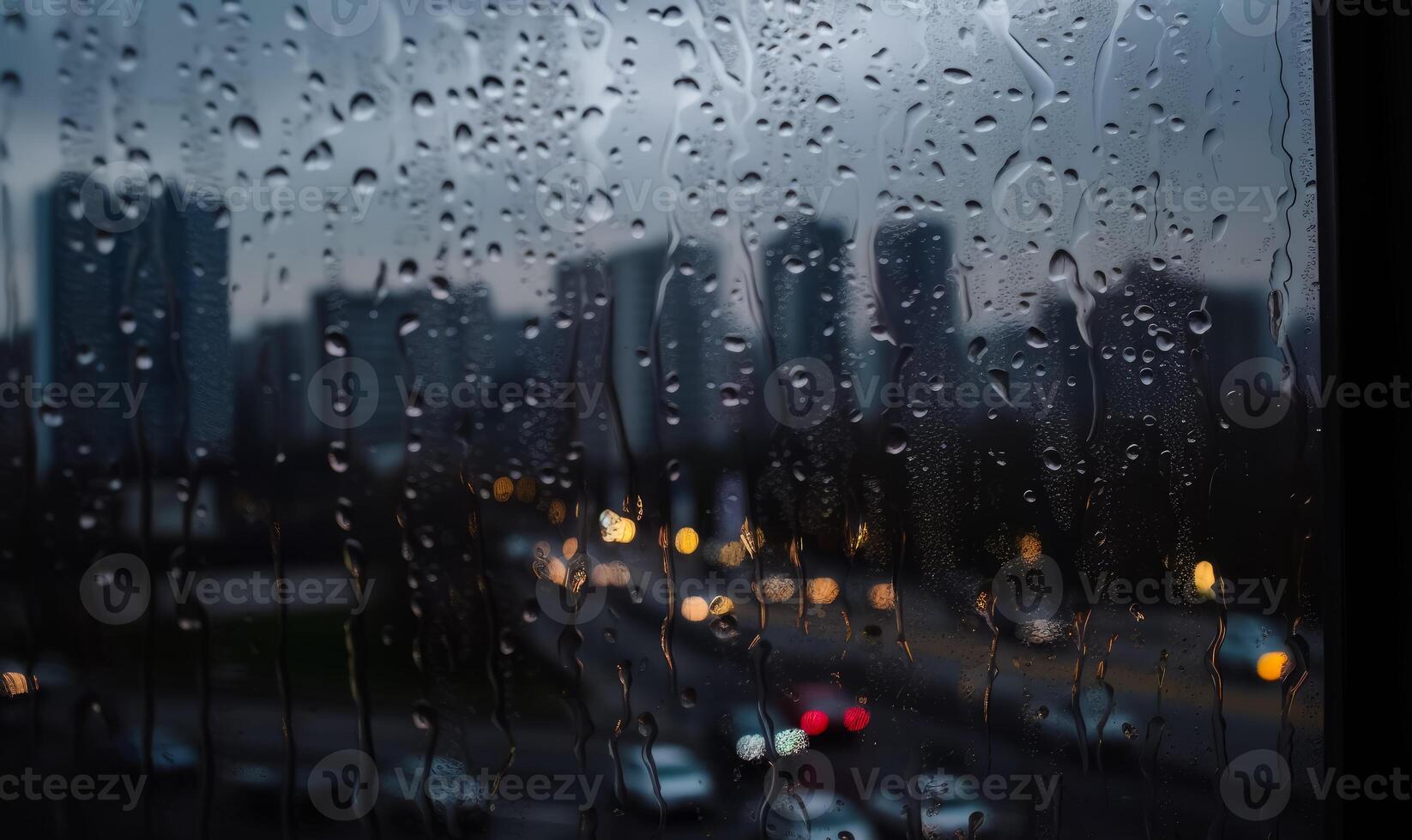 AI Generated Raindrops on the window with city view photo
