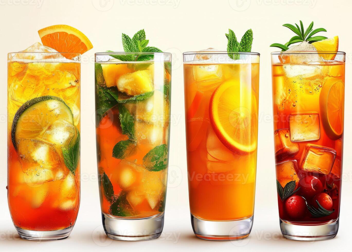 AI Generated Four glasses of fruit iced tea lemonade orange and cranberry with slices of orange lemon lime and strawberry on white background photo