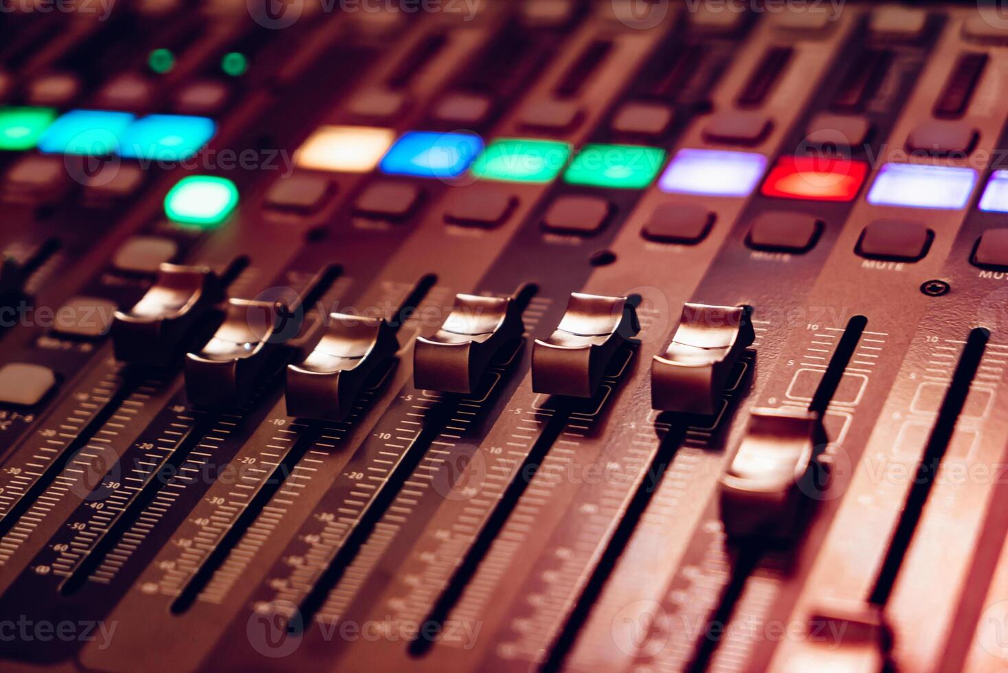 Sound check for concert. Part of an audio sound mixer with buttons and sliders. Close-up photo