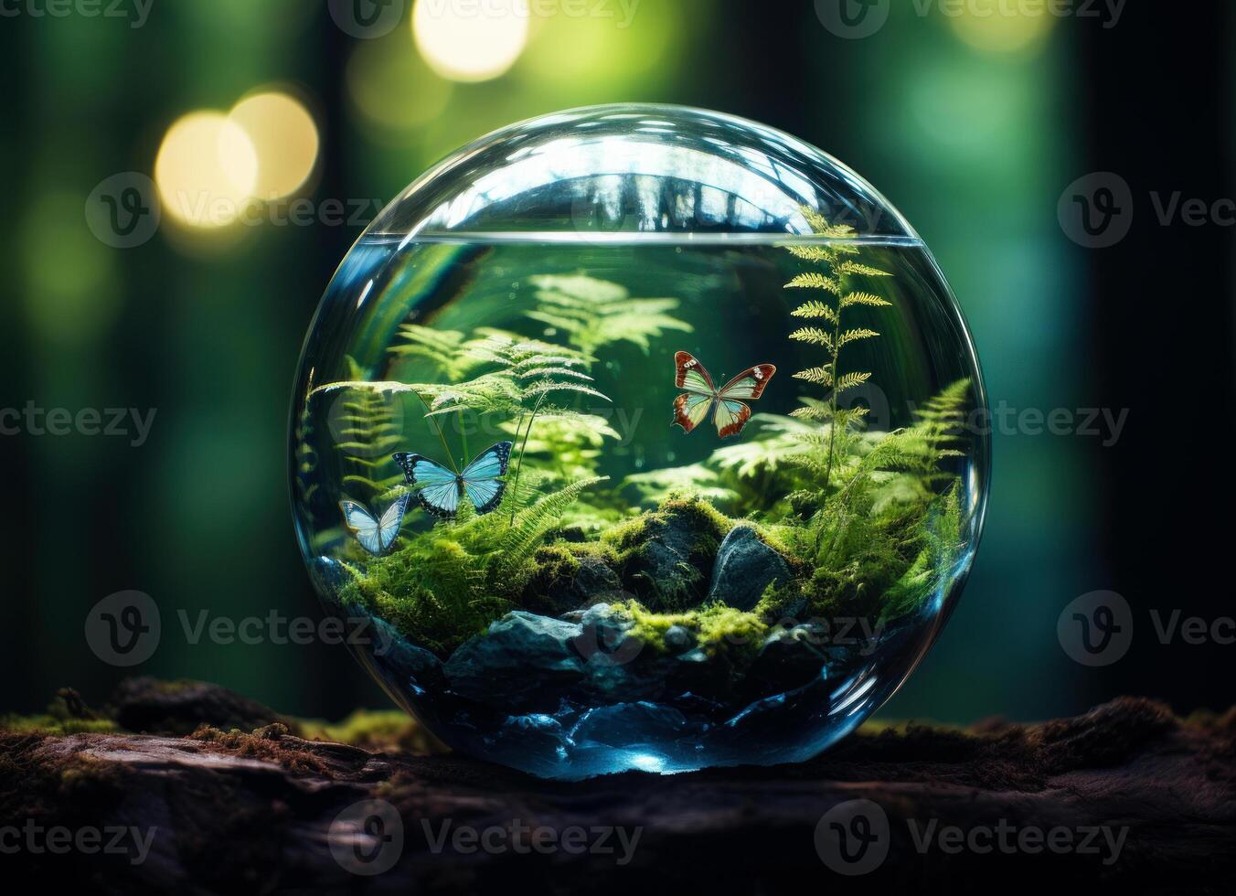 AI generated Small fishbowl with butterfly and snail on piece of wood photo