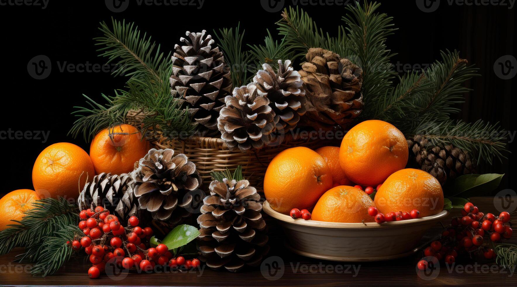 AI generated Tangerines pine cones and branches of Christmas tree on dark wooden table photo