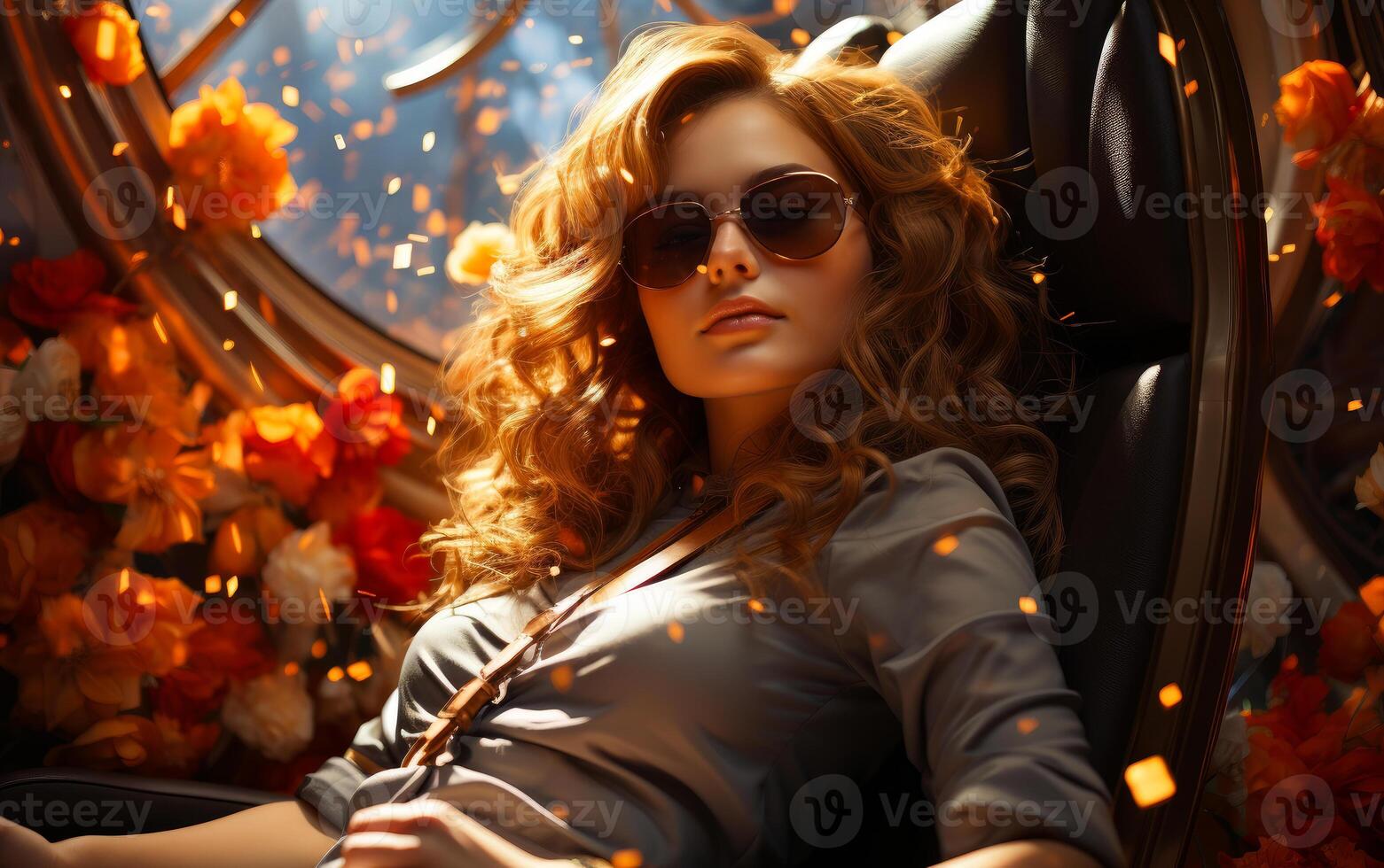 AI generated Beautiful woman flying on a jet aircraft. A woman wearing sunglasses sits comfortably in a chair, posing for the camera. photo
