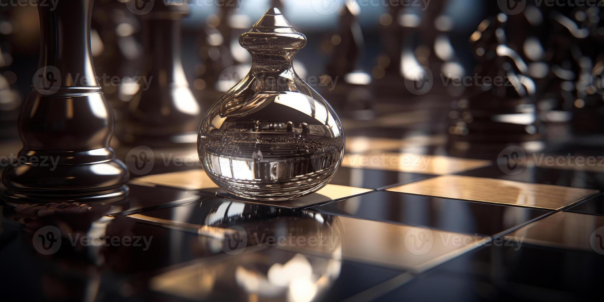 AI generated Glass chess pawn and silver chess pieces on chessboard photo