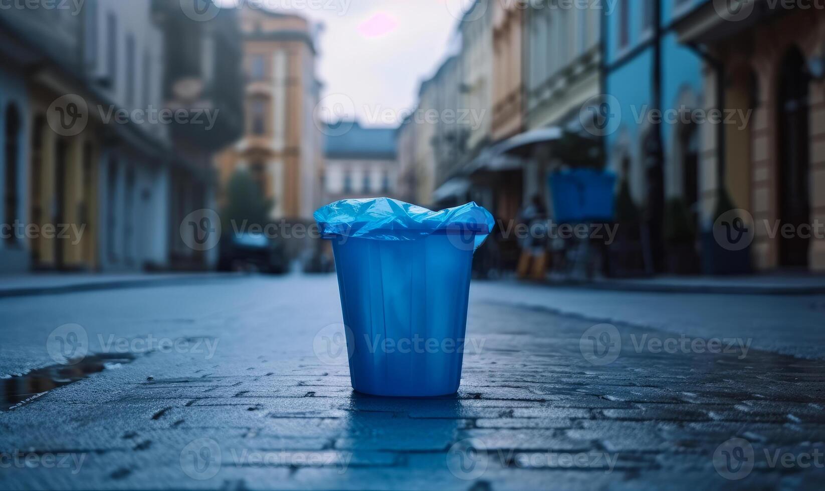 AI Generated Blue trash can on the street of European city photo