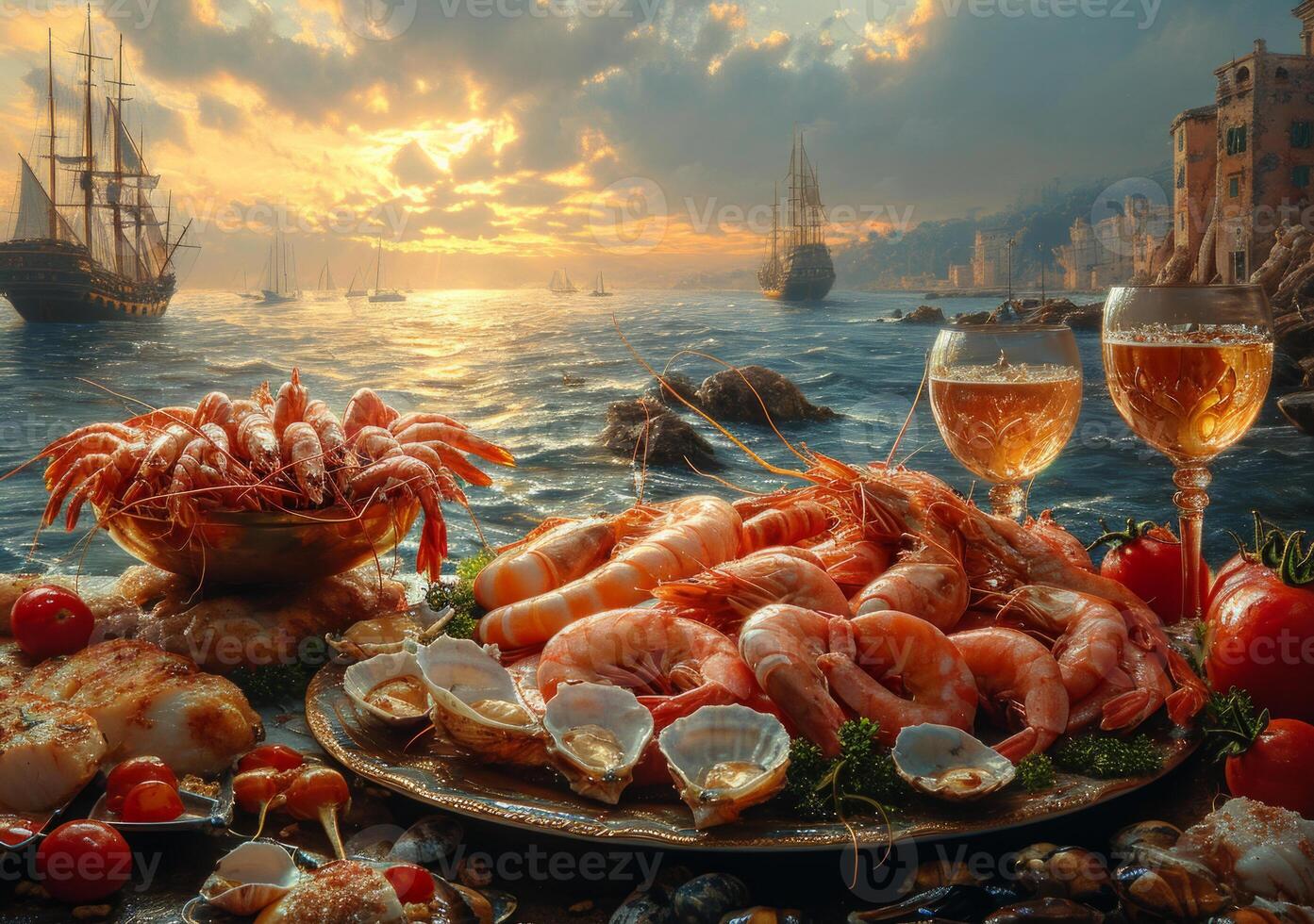 ai generado un plato lleno de camarón vieiras. un realista pintura exhibiendo un mesa adornado con un surtido de Mariscos y vino. foto