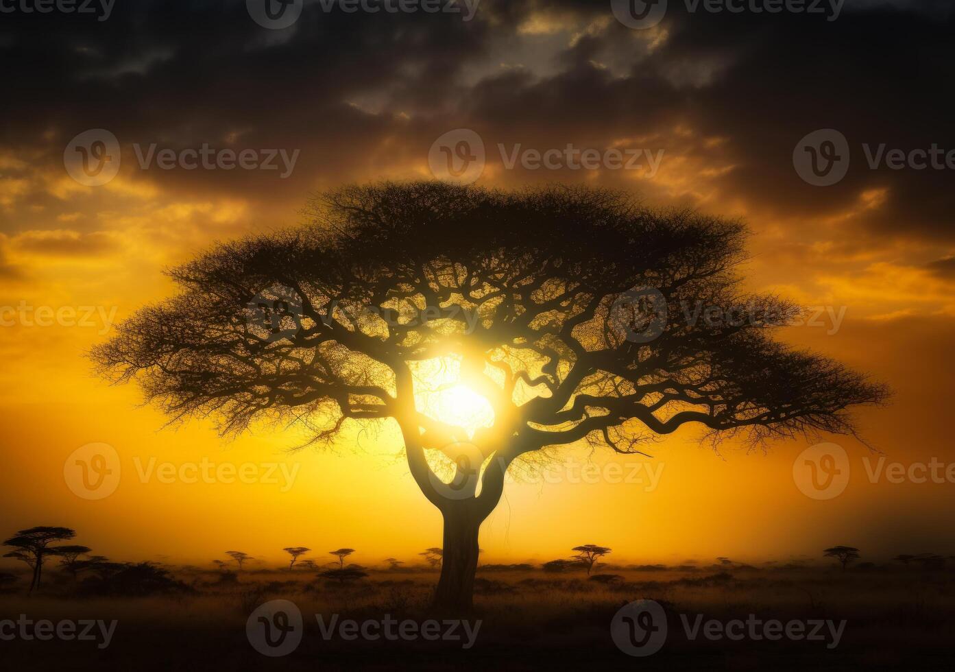 AI generated Acacia tree in the African savanna against beautiful sunset photo