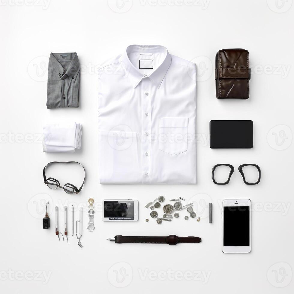 AI generated Mens clothing and accessories on white background top view photo