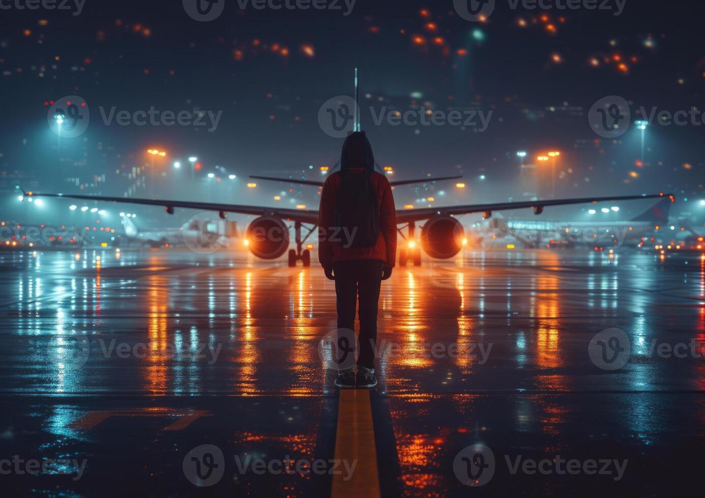 ai generado mujer en pie en mojado aeropuerto pista a noche foto
