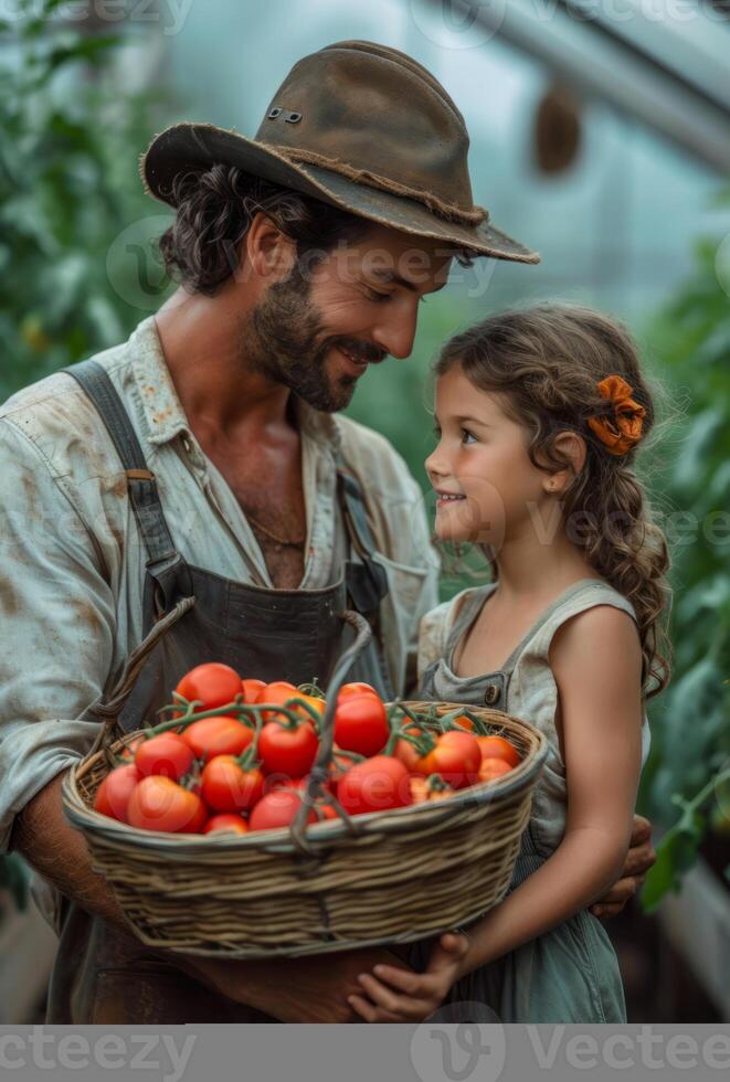 ai generado un granjero con un pequeño niña sostiene tomate. un hombre soportes participación un cesta lleno con Tomates siguiente a un pequeño chica, ambos de ellos sonriente. foto