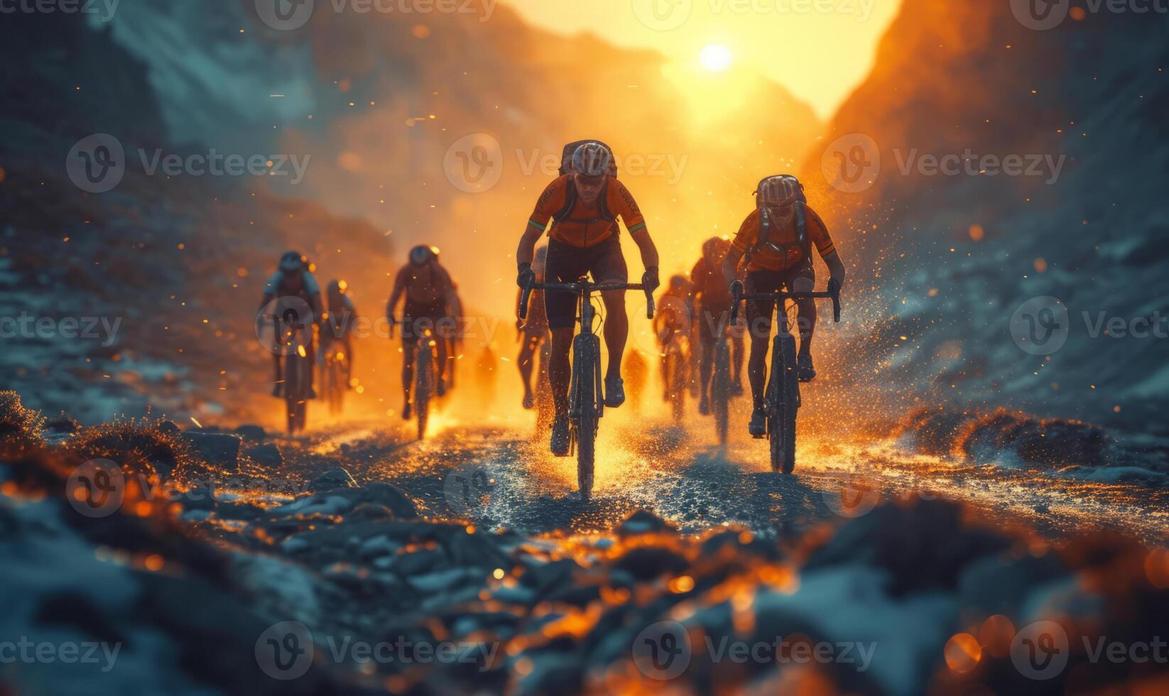 AI generated A group of mountain bikers are riding down. A group of individuals riding bicycles through a rugged mountain landscape. photo