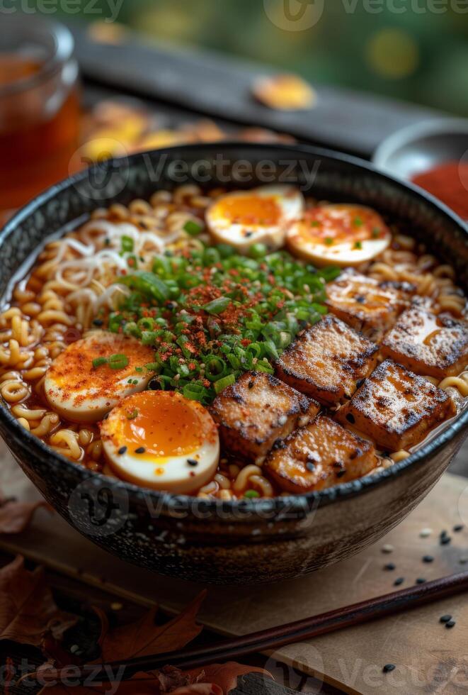 AI generated Bowl of delicious hot and spicy ramen with egg and green onions. Ramen noodle with meat and vegetables, photo