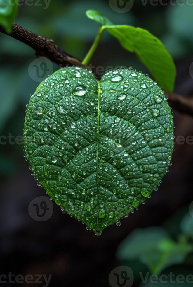 ai generado verde hoja con agua soltar en el bosque. verde hoja con el palabras yo amor usted domingo foto