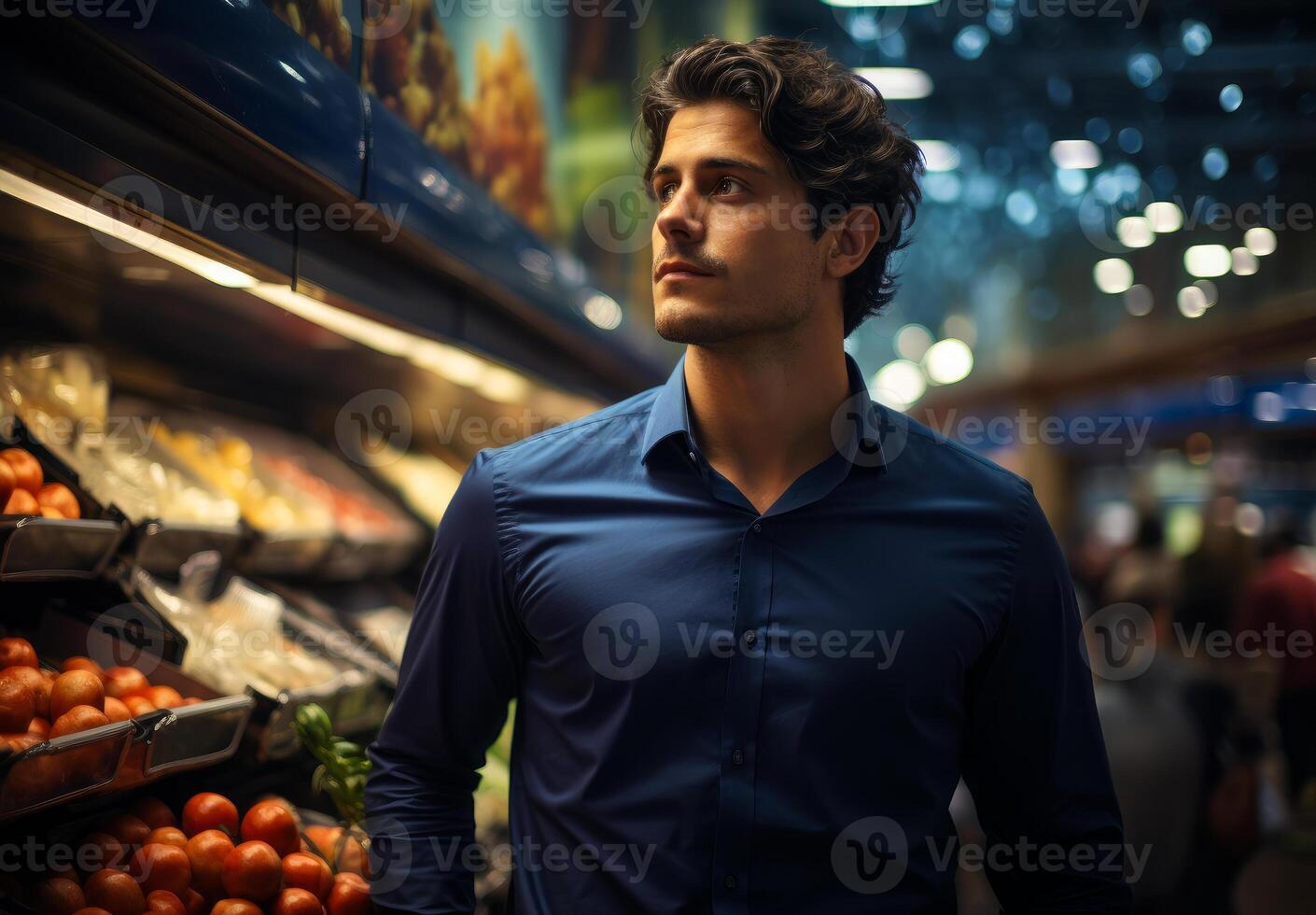 AI generated Man in the aisle of the supermarket. A man stands in front of a colorful display of oranges at a market. photo
