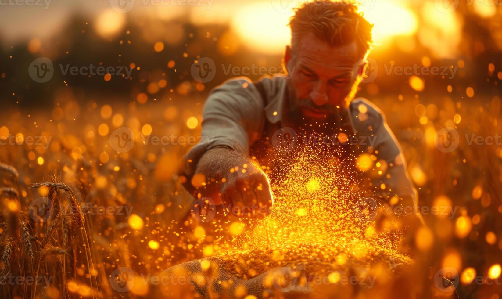 AI generated The farmer throwing wheat into a bag in the middle. A man stands among tall wheat stalks in a field, surrounded by golden hues of ripe crops, under a bright blue sky. photo