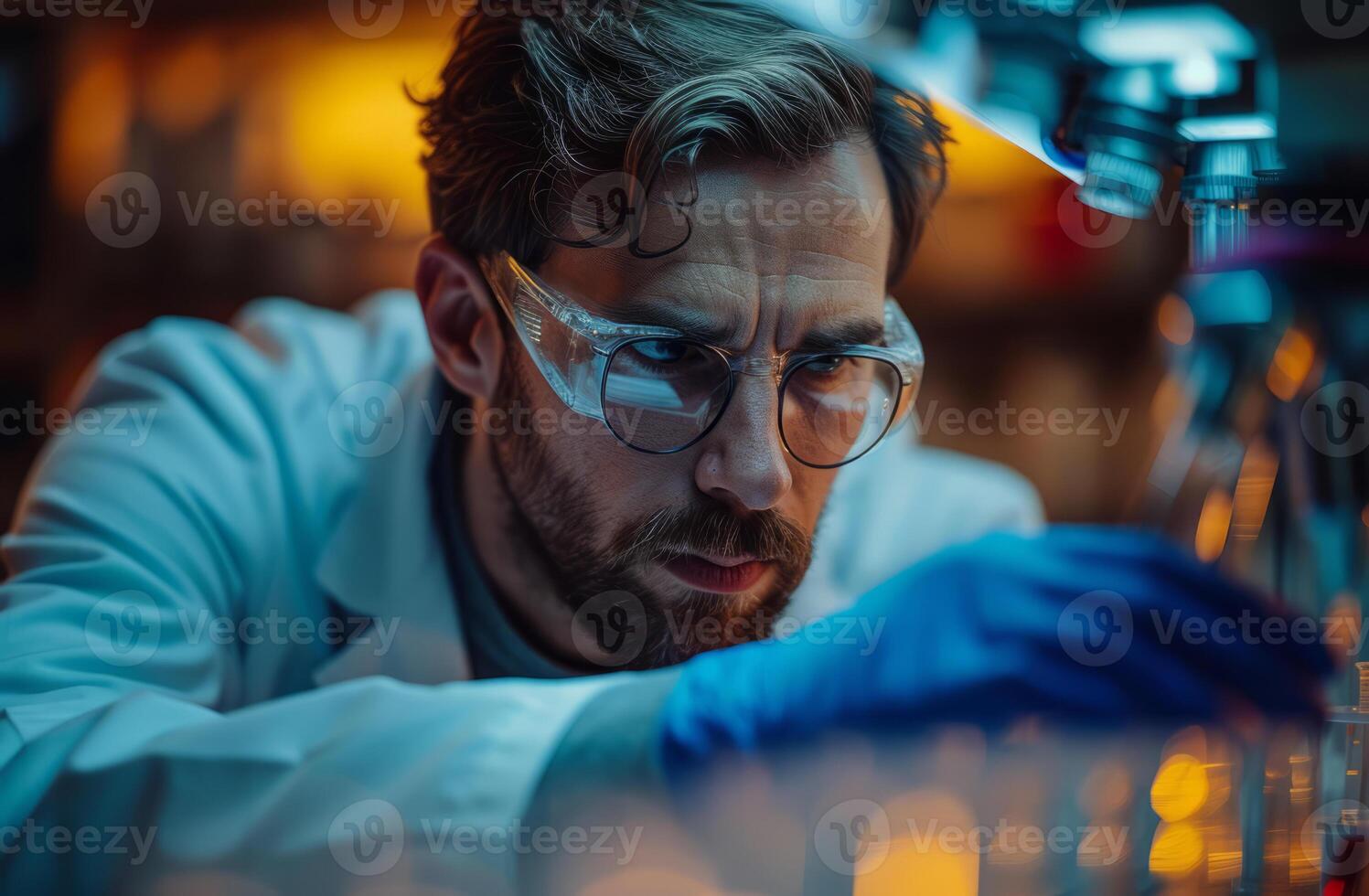 ai generado científico trabajando en laboratorio en médico campo. un hombre vistiendo un blanco laboratorio Saco cuidadosamente observa un sustancia en un laboratorio ajuste. foto