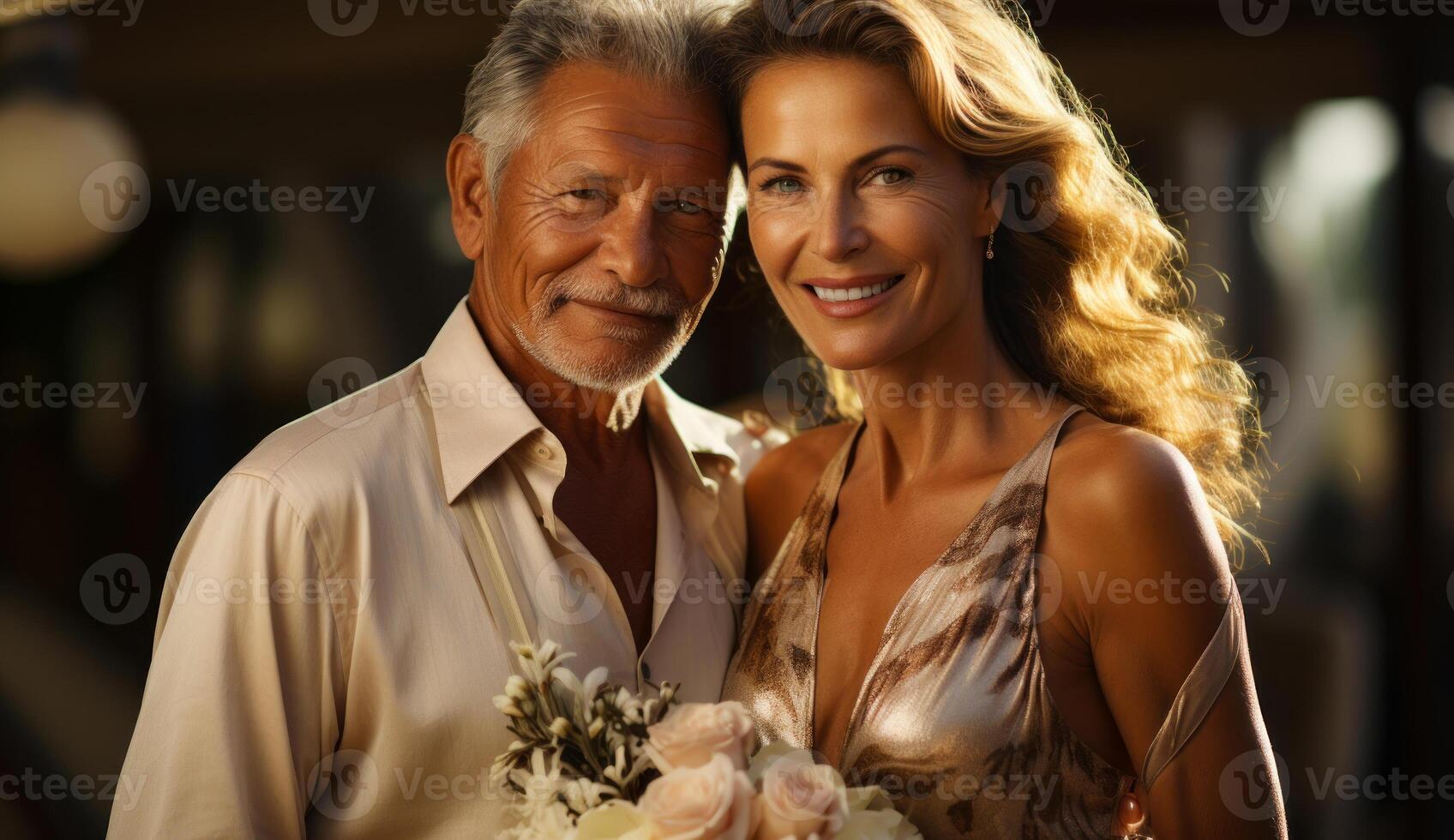 AI generated Happy couple standing outside of a boat. A photo capturing a man and a woman standing side by side, both looking towards the camera.