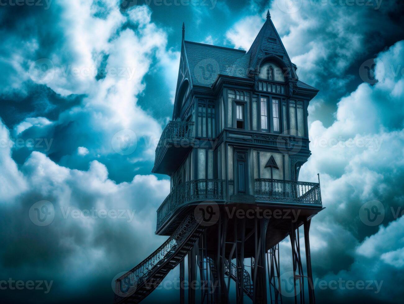 AI Generated Haunted house stands on stilts in cloudy sky. photo