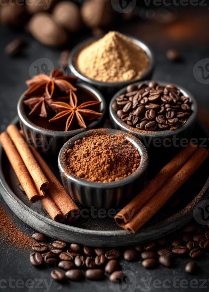 AI generated Coffee beans cinnamon sticks anise stars and ground coffee in bowls on black background photo