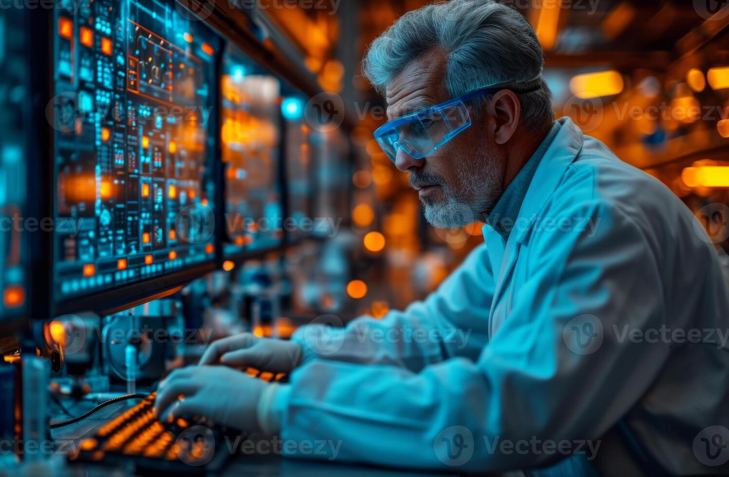 AI generated Senior scientist is working with computer in lab. photo
