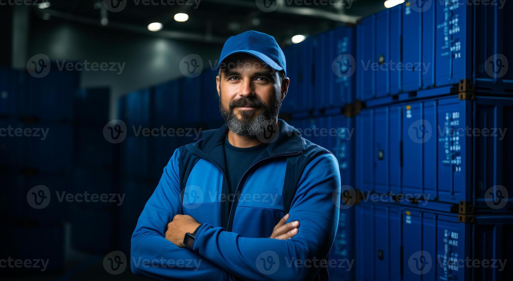 AI generated Transport worker carrying boxes. Man stands in front of wall of blue storage containers. photo