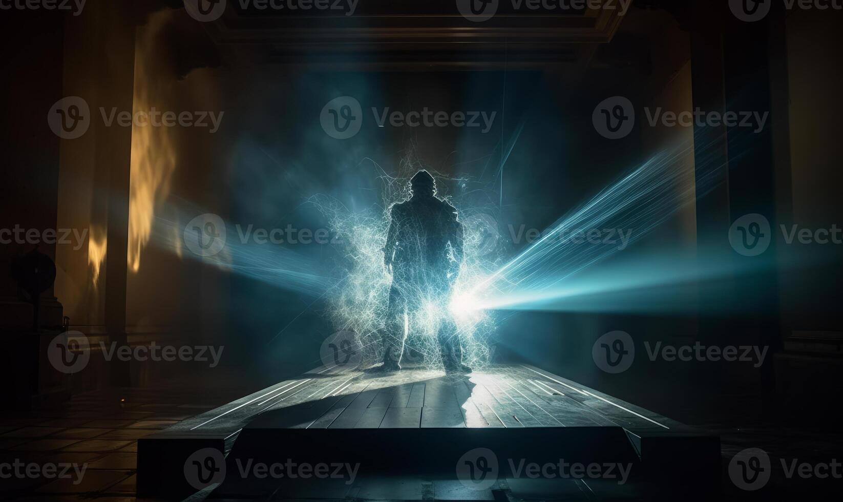 AI generated Man stands in dark room with light coming from the floor photo