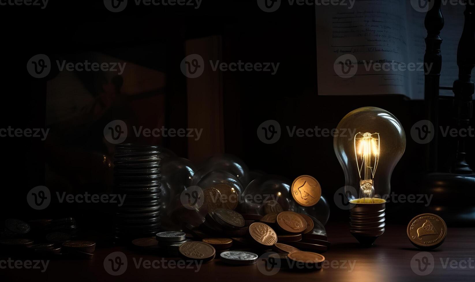 AI generated Light bulb and coins on table photo