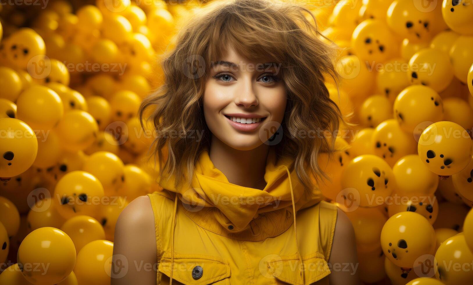 AI generated Beautiful young girl stands in room full of yellow balloons. photo