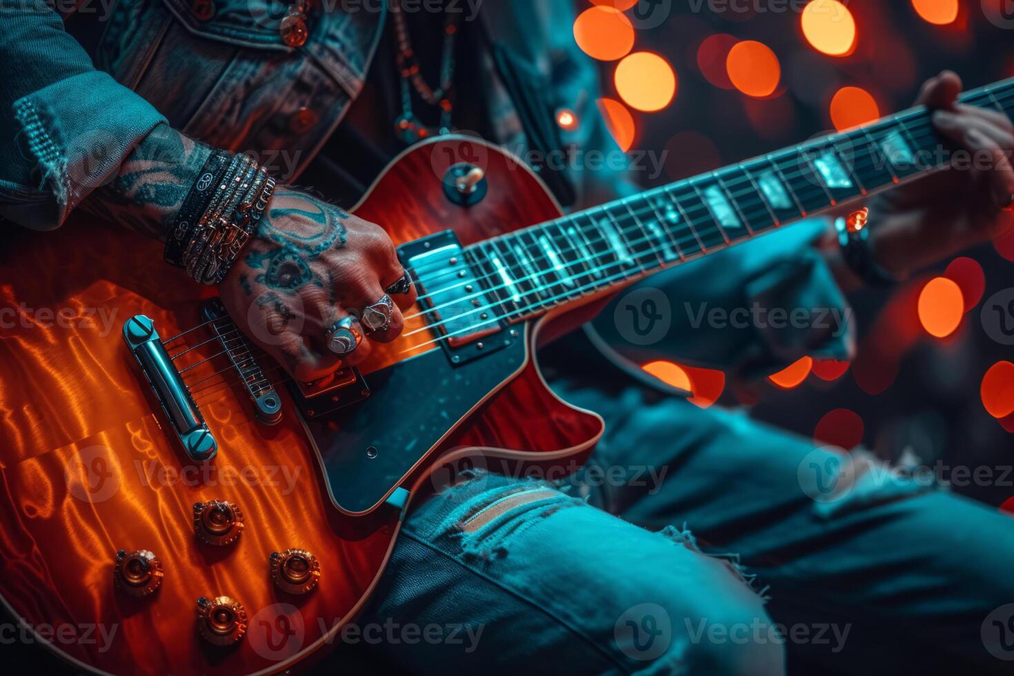 AI generated Person playing electric guitar. A man passionately plays a red electric guitar in a dimly lit room. photo