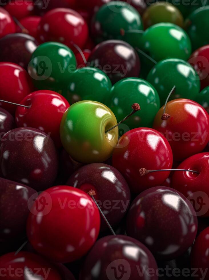 AI generated Single green cherry stands out among sea of red cherries photo