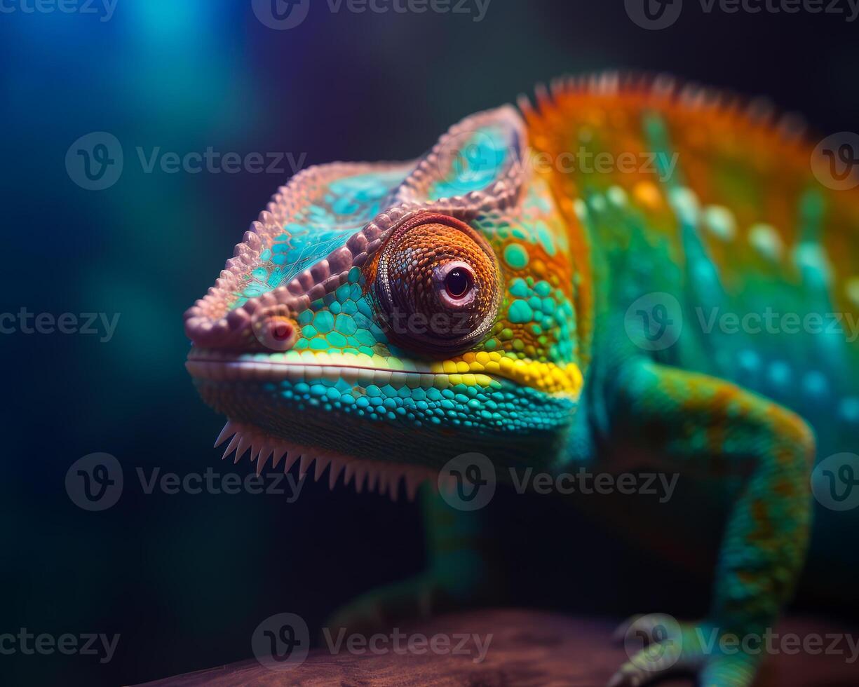 AI generated Colorful panther chameleon is sitting on branch. photo