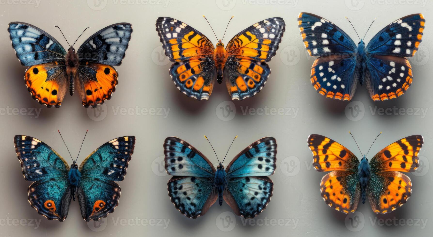 AI generated A selection of different butterflies on a white. A gathering of multiple butterflies sitting atop a plain white wall. photo
