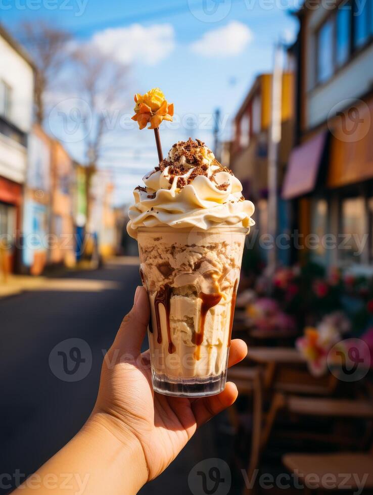AI generated Hand holding up an ice cream cup. Hand is holding glass of ice cream with chocolate sauce and whipped cream on the street of small town. photo