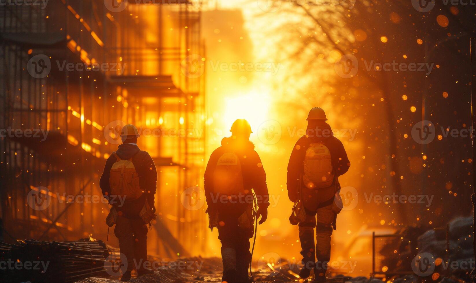 AI generated Three firefighters walking in the snow at sunset photo