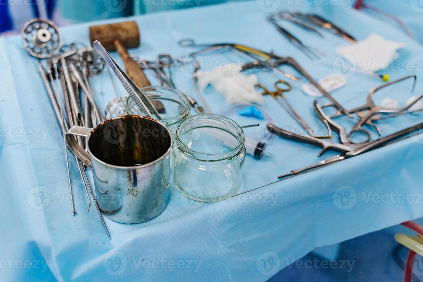 Surgery instruments. Laminectomy equipment on the surgical table. Medical background photo