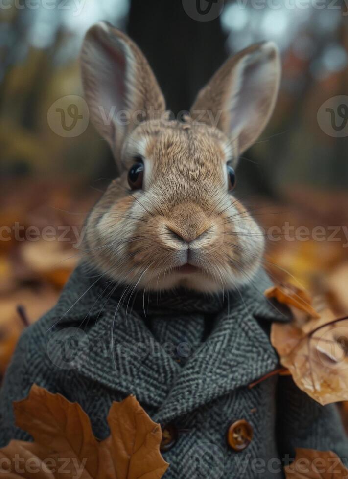 AI generated Rabbit in coat is standing in the autumn forest among the fallen leaves. photo