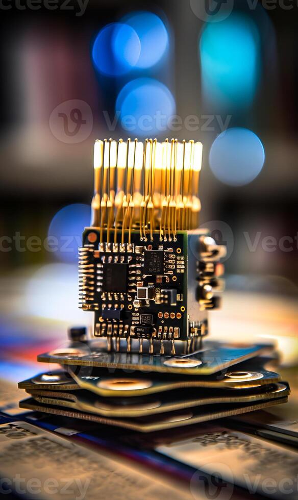 AI generated Electronic circuit board or chip with golden microchips on the table and blurred circuit board background photo