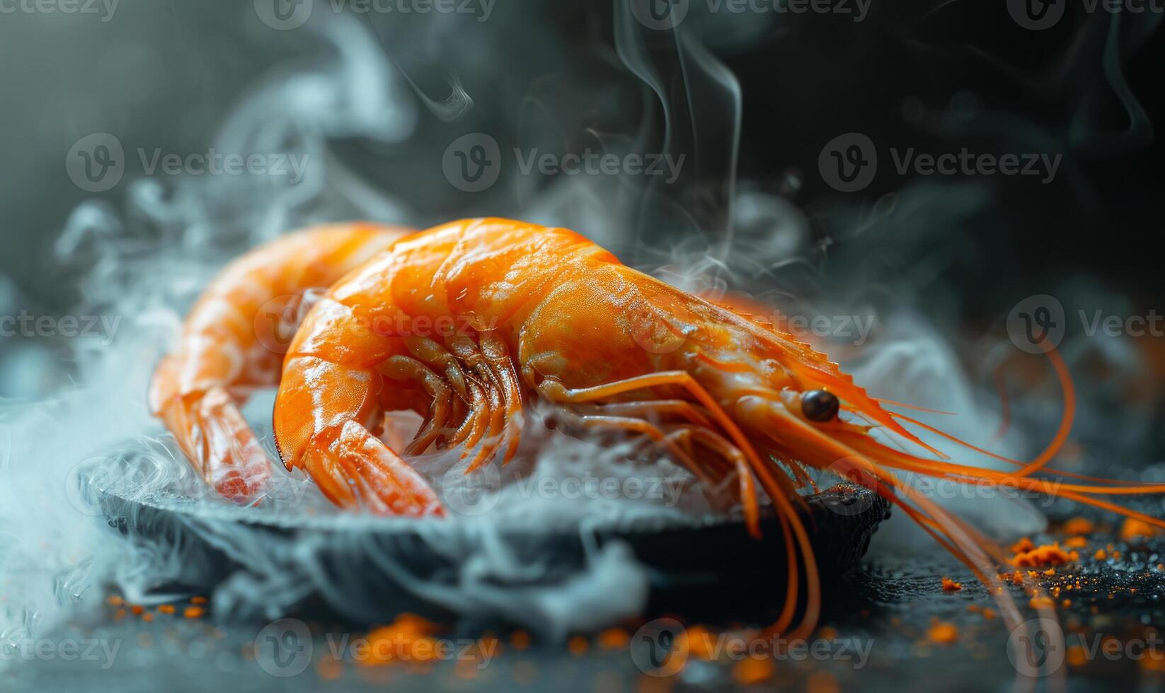 AI generated Shrimp on smoke stock photo. A detailed close up of a cooked shrimp delicately arranged on a plate, showcasing its vibrant colors and succulent texture. photo