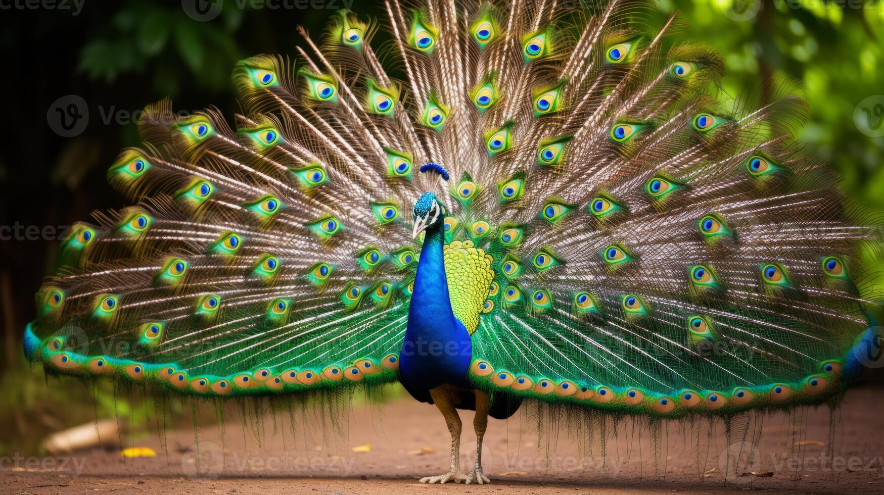 AI generated Exquisite peacock displaying its vibrant tail feathers photo