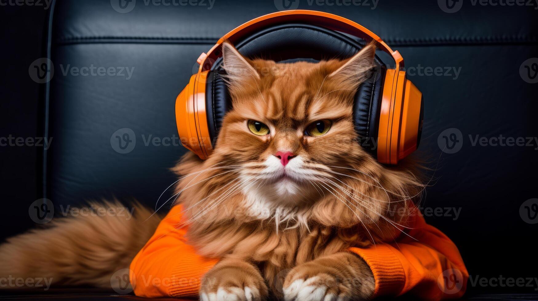 AI generated Quirky cat wearing oversized headphones, getting into the groove photo