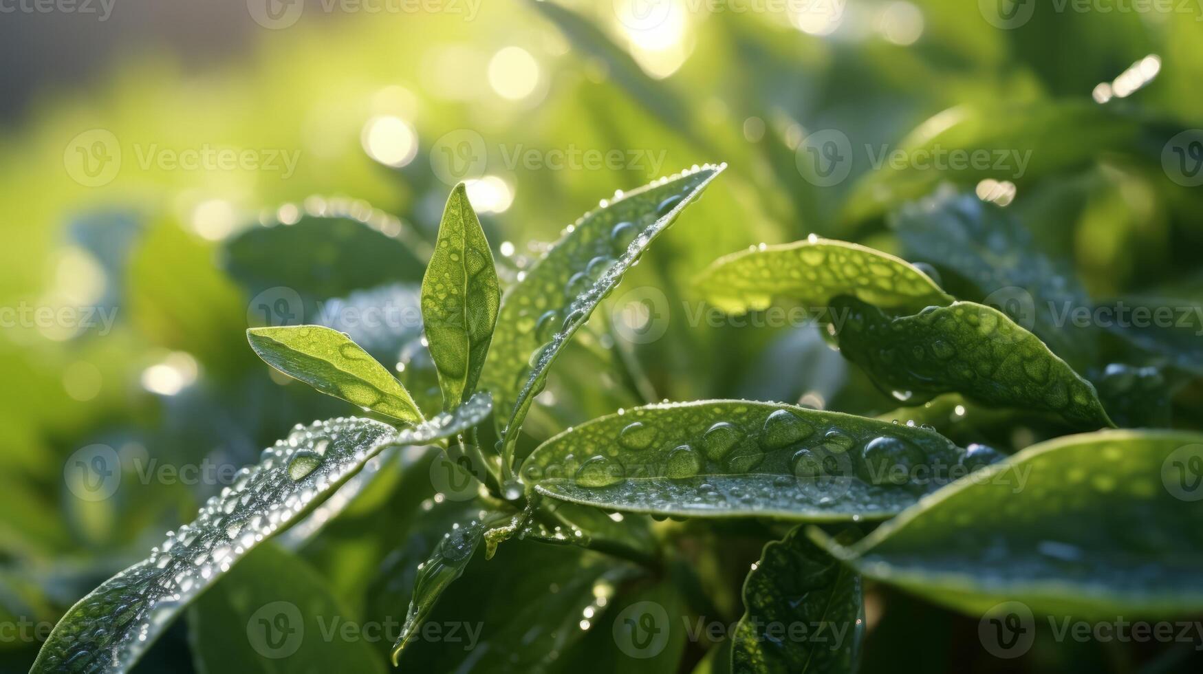 AI generated Leaves with dewdrops in the morning light photo
