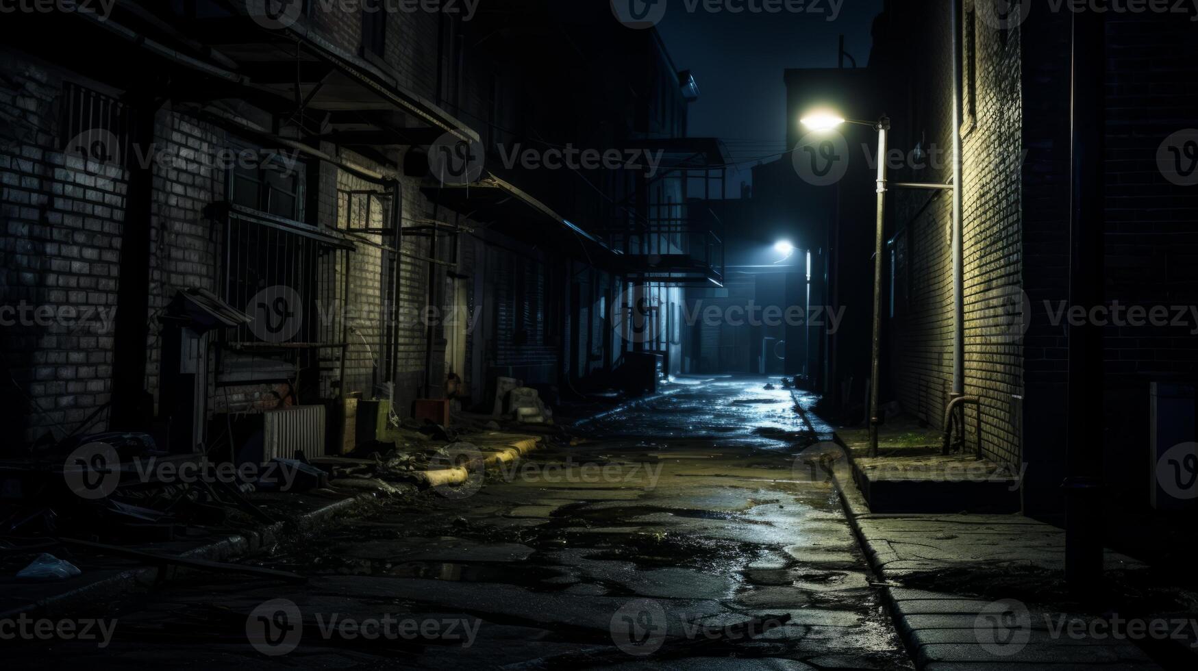 AI generated Dark alleyway with flickering streetlights and ominous shadows photo