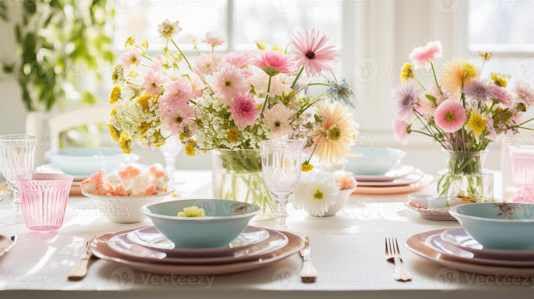 AI generated A springtime table setting with fresh flowers and pastels photo