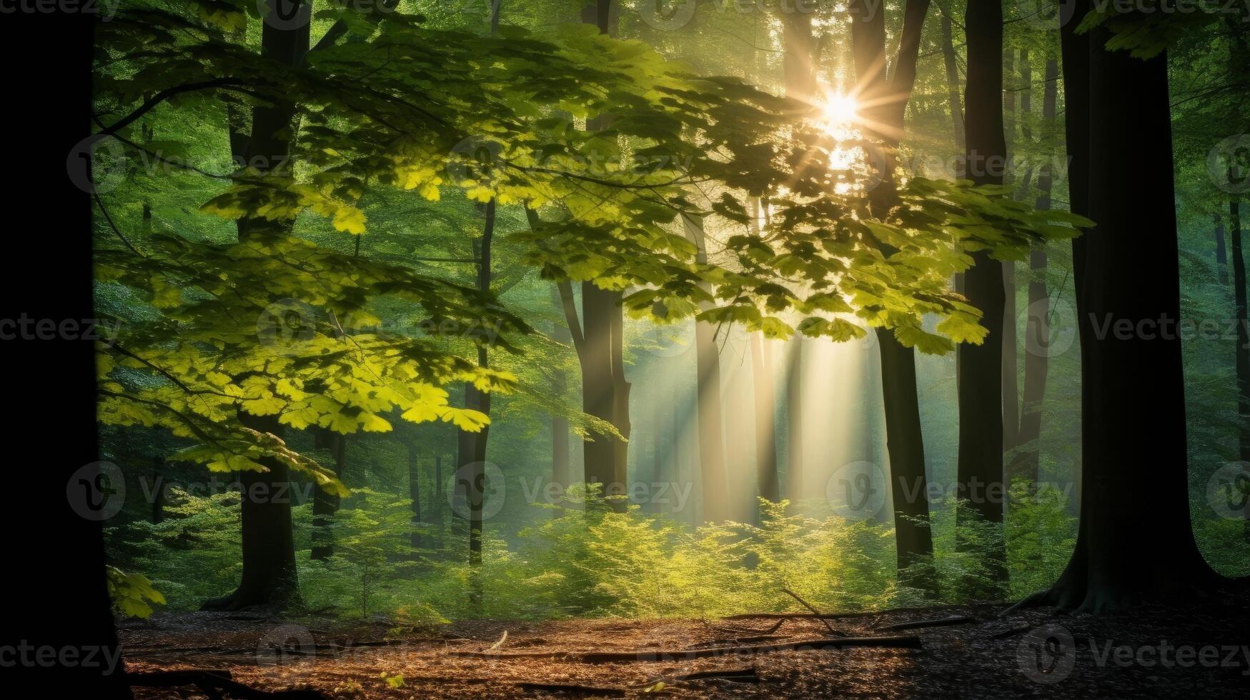 AI generated Sunlight filtering through leaves in a forest photo