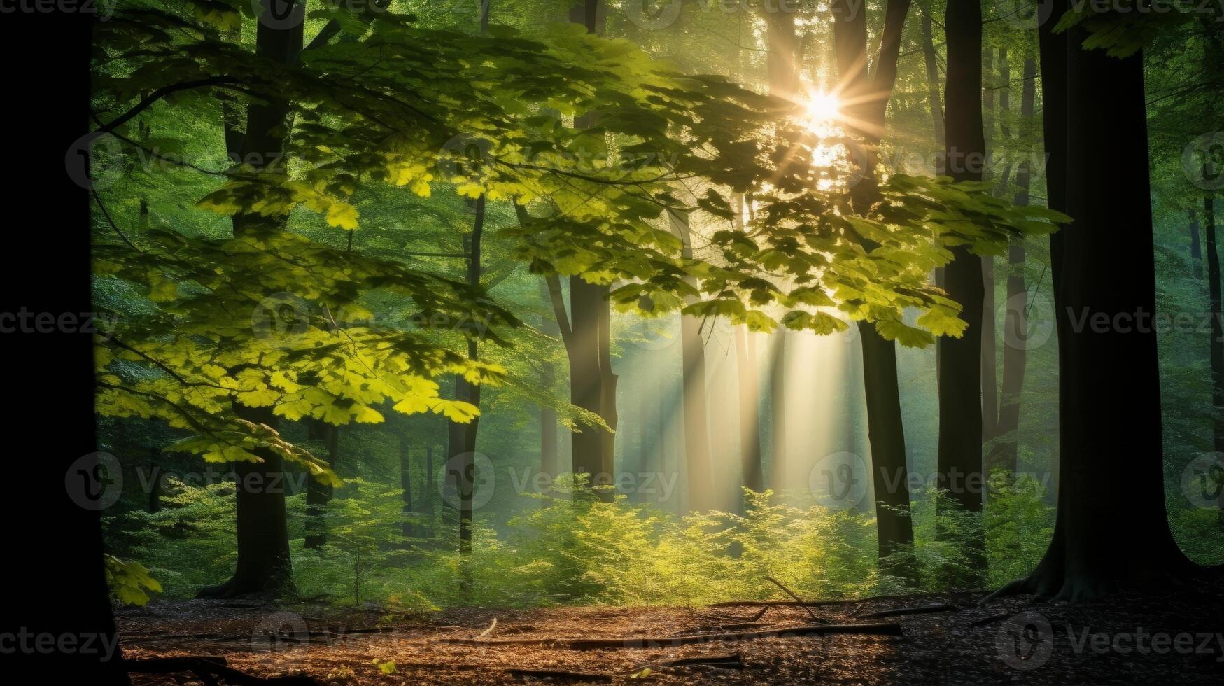 ai generado luz de sol filtración mediante hojas en un bosque foto