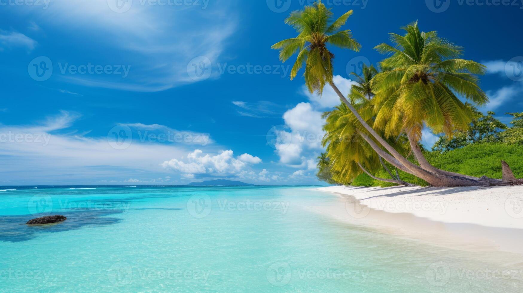 AI generated A tranquil beach with palm trees and turquoise waters photo