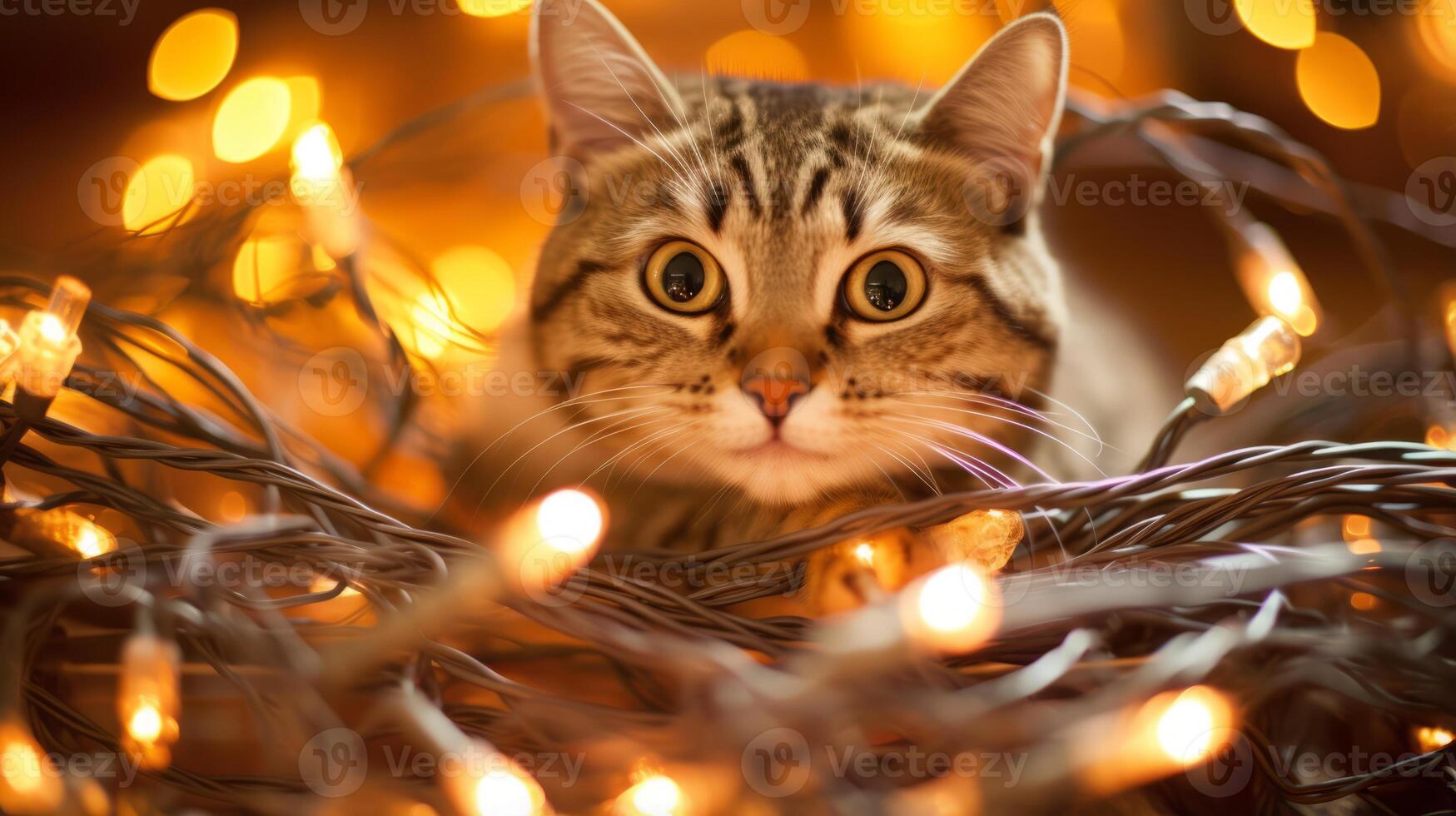 AI generated Feline tangled in string lights photo