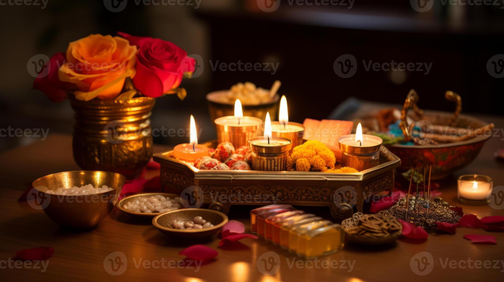AI generated Diwali puja with offerings and incense photo